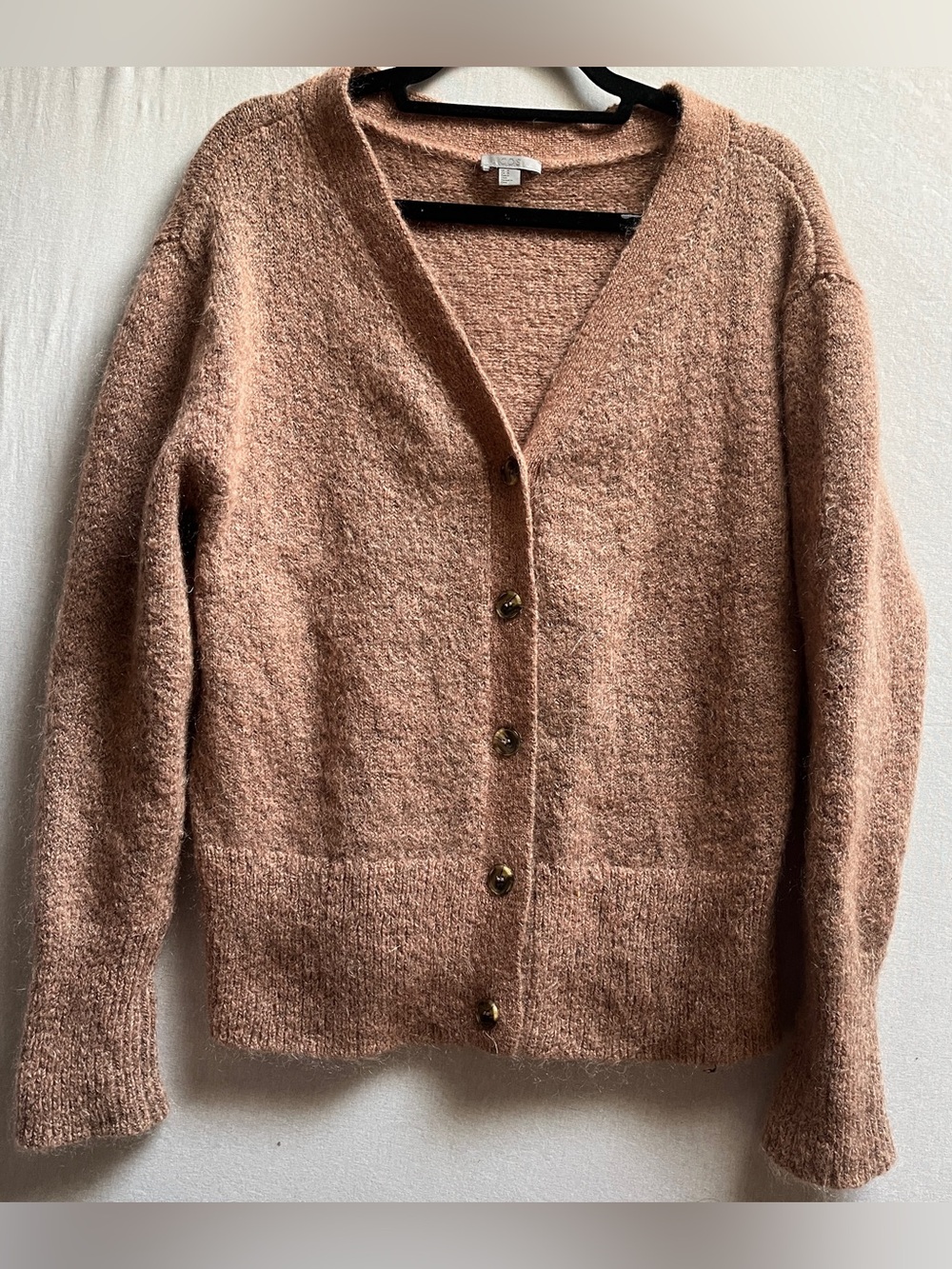 COS Mohair Wool Blend V Neck Button Front Cardigan Camel Tan Size M
